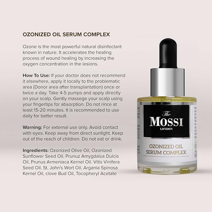 The Mossi London Ozonized Oil Serum Complex Intensive Scalp Repair Oil for Post Hair Transplant | Ozonated Olive Oil 50% 30ML