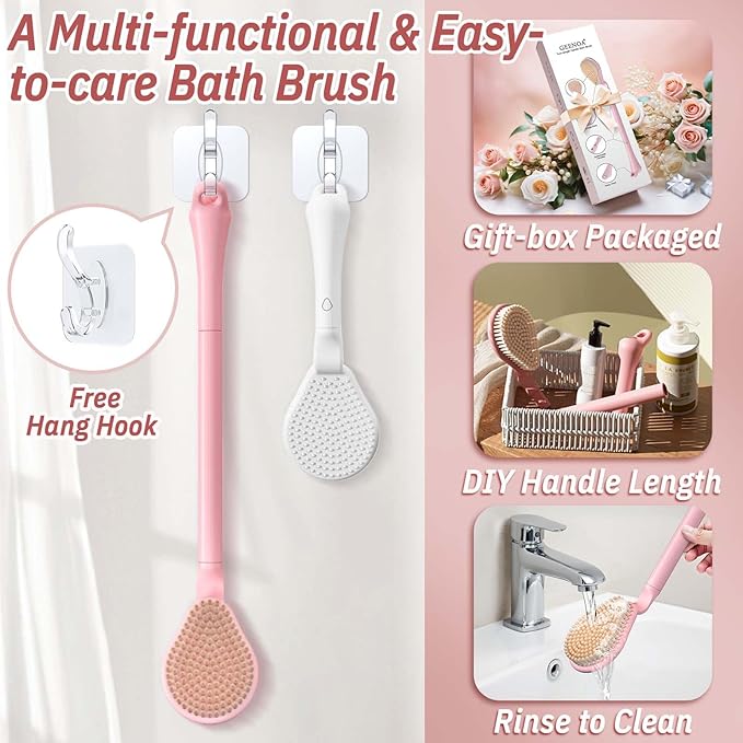 Back Scrubber for Shower, 19’’ Detachable Long Handle Shower Body Scrubber for Wet or Dry Brush, Adjustable 2-in-1 Back & Body Brush with Medium Soft Bristles for Deep Cleaning(White)