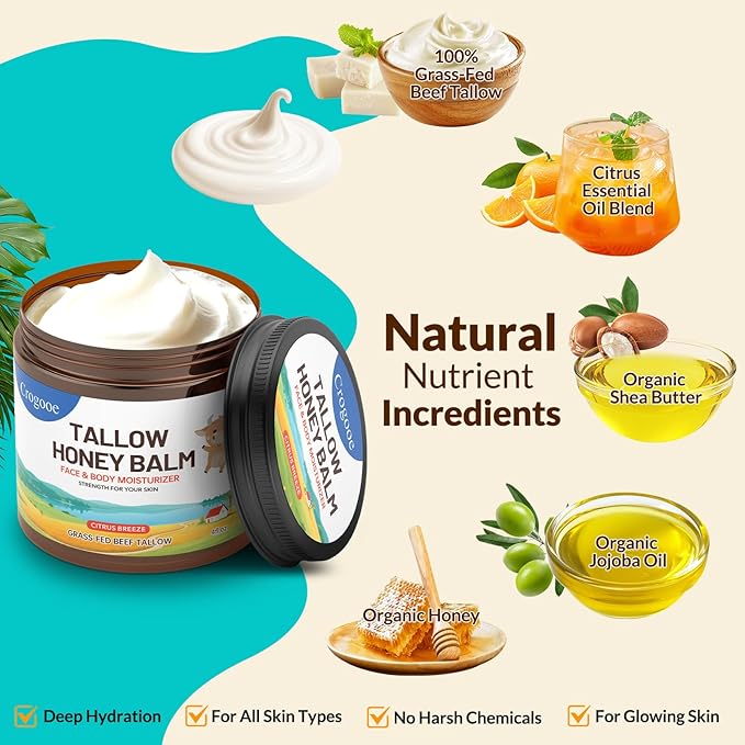Beef Tallow for Skin - 100% Grass Fed - Whipped Tallow and Honey Balm，Moisturizer Cream for Face & Body -Natural Organic Formula for Dry & Sensitive Skin (Citrus Breeze) (2 oz)