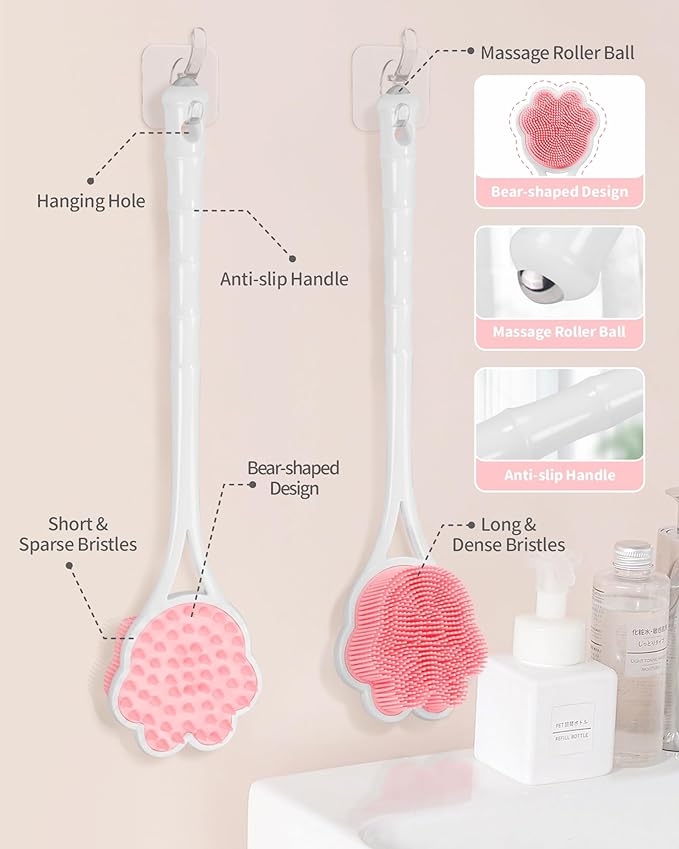 Manmihealth 15.7" Cute Silicone Back Scrubber & Soft Shower Brush Face Scrubber Set (3 PCS), Paw-Shaped Silicone Back Brush & Body Facial Scrubber with Super-Soft Bristles Combination(PinkSet)