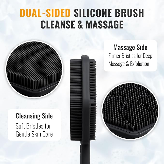 Silicone Back Scrubber for Shower – 21in Extendable Shower Brush with Long Handle – Dual-Sided Back Brush with Non-Slip Grip, Gentle Cleansing & Exfoliation for Men, Women, Elderly (Black)