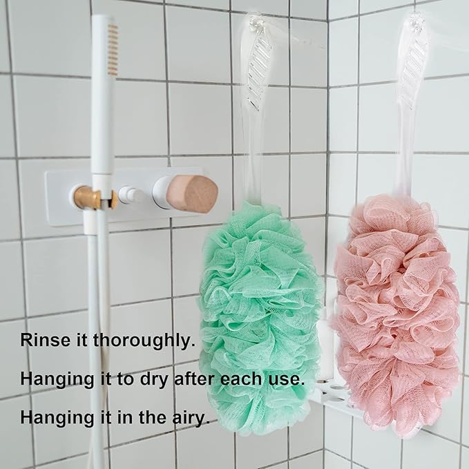 PPHAO - Loofah on a Stick for Men & Women - Bath Brush with Long Handle - Plastic Loofah Sponge - 2Pack in Green & Pink