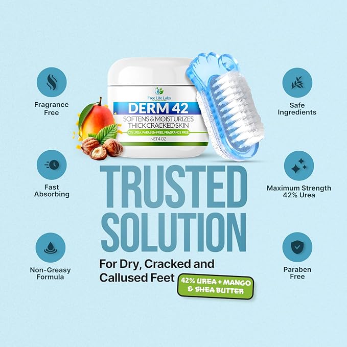 Free Life Labs - Urea Cream for Feet - Maximum Strength 42% Foot Cream for Calluses and Dry Feet - Free Pumice Stone and Brush - Shea and Mango Butters-Paraben Free-Fragrance Free- 4oz.