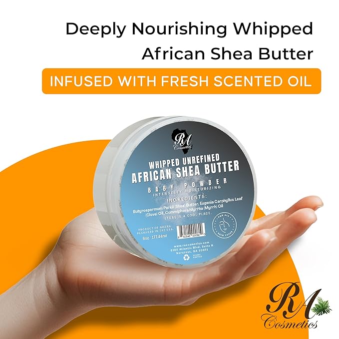 RA Cosmetics Whipped Shea Butter Baby Powder - 6oz | 100% Pure & Natural African Shea Butter for Men & Women - Ultimate Handcrafted Moisturizer with Essential Vitamins for Radiant Skin & Luscious Hair