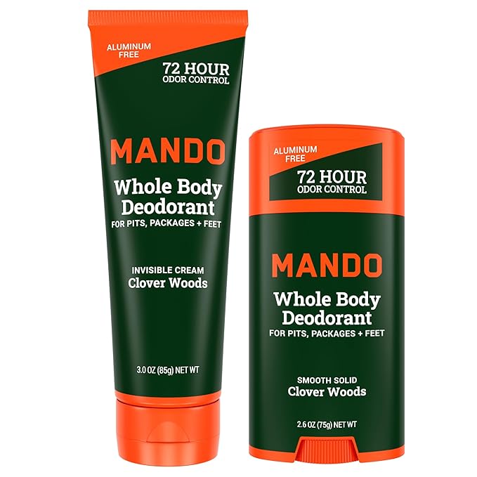 Mando Whole Body Deodorant - Invisible Cream Tube and Solid Stick - 72 Hour Odor Control - Aluminum Free, Baking Soda Free, Skin Safe - 3.0 Oz Tube and 2.6 Oz Solid Stick - Clover Woods