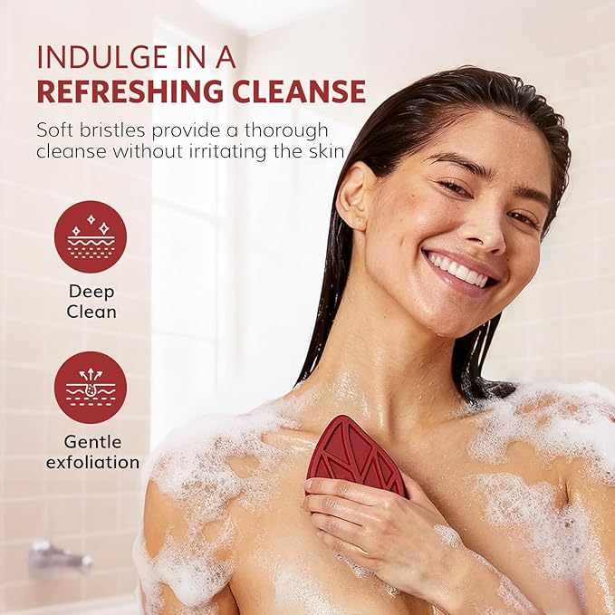 Sndyi Christmas Silicone Body Scrubber, Limited Edition Leaf-Shaped Shower Brush for Gentle Cleanse & Exfoliation, Soft Silicone Loofah Body Brush for Sensitive Skin, Perfect Holiday Gift, Festive Red