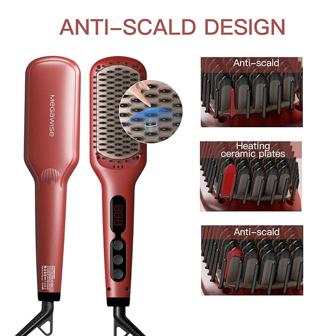Updated 2025 Megawise Pro Ceramic Ionic Hair Straightener Brush – Fast 20s Heating, Auto-Off, Anti-Scald, Dual Voltage, Rotatable Power Cord – Home Salon Styling (Tomato Red)