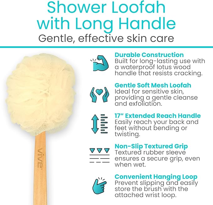 Vive 17” Shower Loofah with Long Handle - Exfoliating Back & Body Scrubber for Men & Women - Luffa Sponge on a Stick for Bathing, Cleaning - Includes Extra Handheld Lufa, Hook & String to Hang on Wall