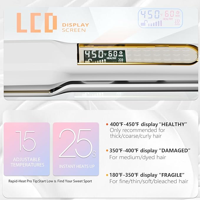 Thirtek Professional Hair Straightener,1.5 inch Ceramic & Titanium Flat Iron,15 Adjustable Temperature Levels,LCD Display, 25s Quick Heat Up,Styling Tools for Thick Hair,Dual Voltage,White&Gold