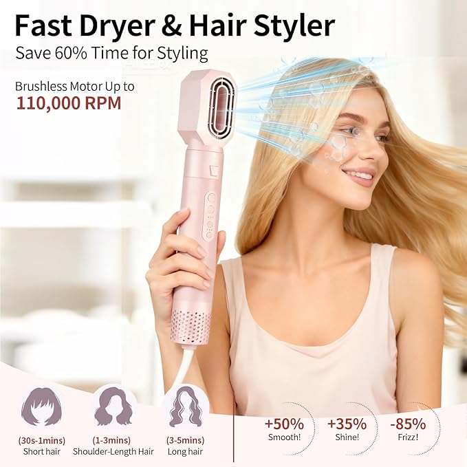 High-Speed 5 in 1 Hair Styler with Auto Curling Iron, Straightener & Volumizing Hot Air Brush |Fast Drying Ionic Blowout, No Heat Damage | Travel & Home Styling Tool (Pink)