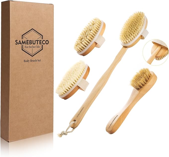 5 Packs Dry Brushing Set Natural Body Brush Wood Long Handle with 3 Detachable Heads, 1 Face Brush,Natural Boar Bristle Exfoliator for Lymphatic Drainage and Cellulite,Back Scrubber