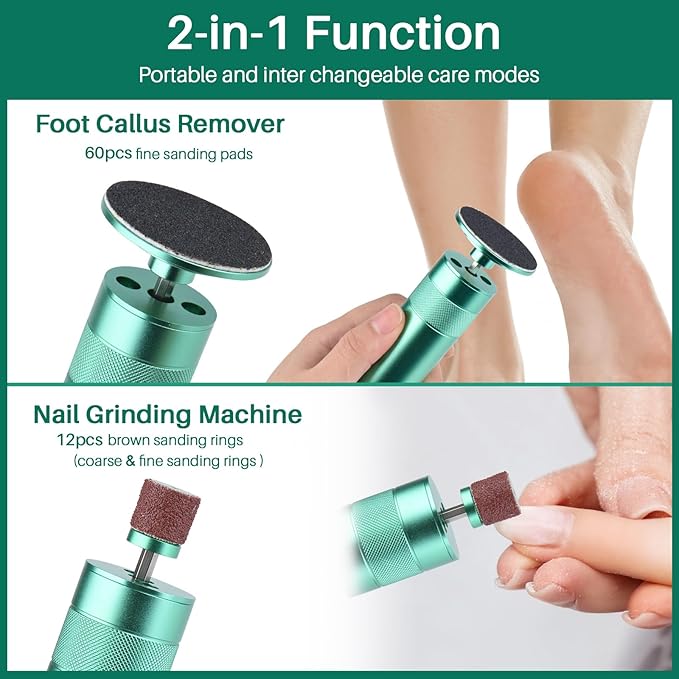 Electric Foot Callus Remover, 2-in-1 Electric Foot Filer/Nail Filer, Callus Remover for Feet with 60Pcs+12Pcs Sandpaper Discs，Holiday Gift Foot Repair Tool, Green