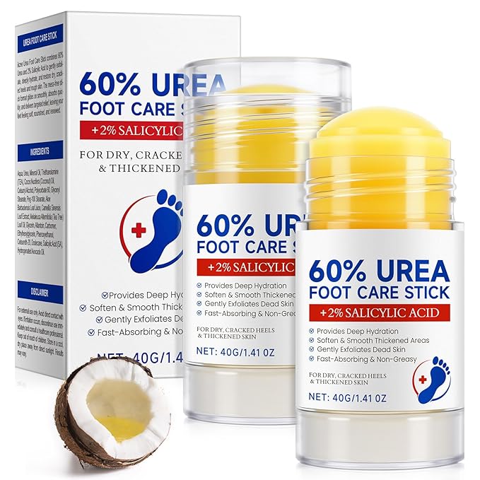2Pack 60% Urea with 2% Salicylic Acid Foot Care Stick, Maximum Strength Urea Foot Cream Callus Remover for Dry Cracked Heels, Hands, Knees, Exfoliating Moisturizer, Dead Skin Remover Foot Balm