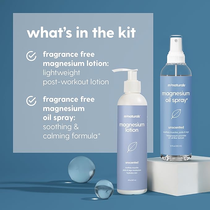 Unscented Magnesium Lotion & Spray for Sleep, Suitable for Sensitive Skin, Helps with Muscle Relaxation, Soothes Tired Legs & Foot Aches and Supports Restful Nights, 8 & 12 fl oz by M3 Naturals