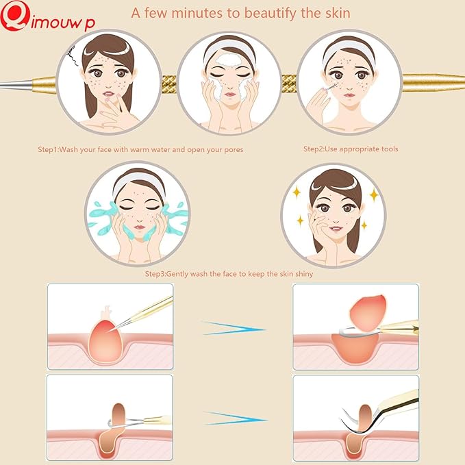 Blackhead Remover Tool, 16 PCS Pimple Popper Tool Kit, Tweezers Set for Eyebrows Hair Removal Pimple Blemish Acne Comedones Extractor Whitehead Cyst Removal Tool, for Nose Face Beauty Tools (Golden)