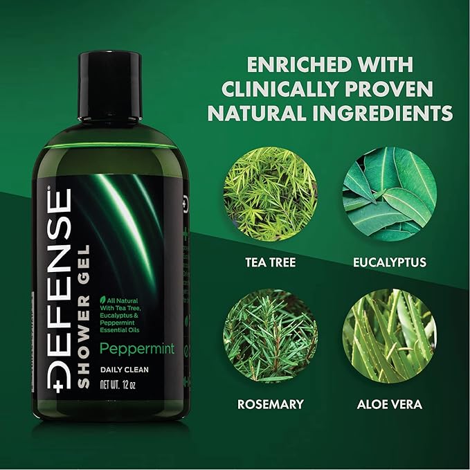 Defense Soap Peppermint Tea Tree Body Wash | All Natural Organic Shower Soap for Athletes | Odor Control & Skin Fungal Protection for Sports, Post Workout & Recovery - 12 oz (Pack of 2)