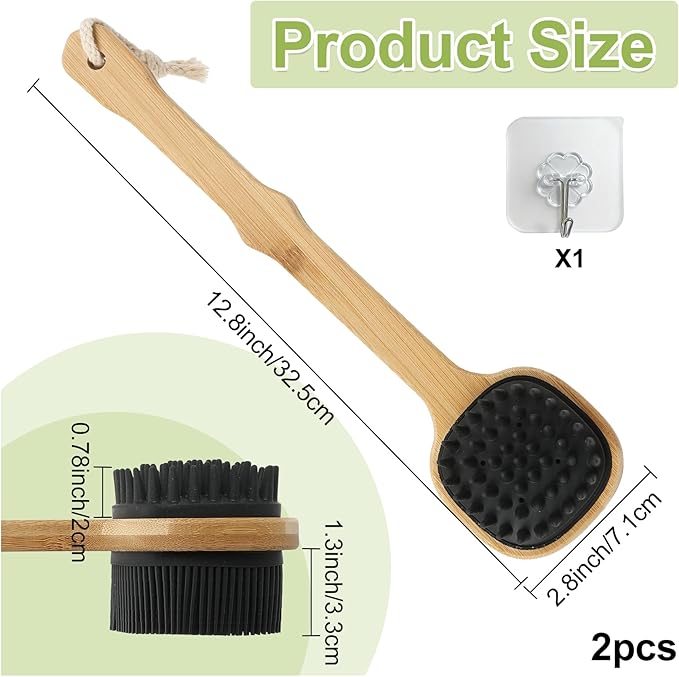 Silicone Back Scrubber for Shower, 2PCS Silicone Bath Body Brush Loofah with Long Handle, Dual-Sided Shower Brush for Body, Black Exfoliating Body Scrubber for Men Women, Back Washer for Men with Hook