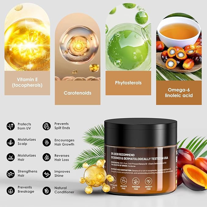 Batana Oil for Hair Growth, Dr Sebi 100% Pure Organic Natural Ingredients from Honduras Prevents Hair Loss, Enhances Thickness, Restores Dry Damaged Hair, 5.3oz