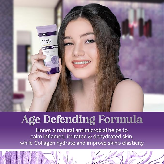 Envy Facial Cleanser with Collagen & Honey - Reduces Fine Lines, Wrinkles & Hydrating - Clean, Cruelty-Free Korean Skin Care for All Skin Types - Dermatologist Tested - 6.76 oz