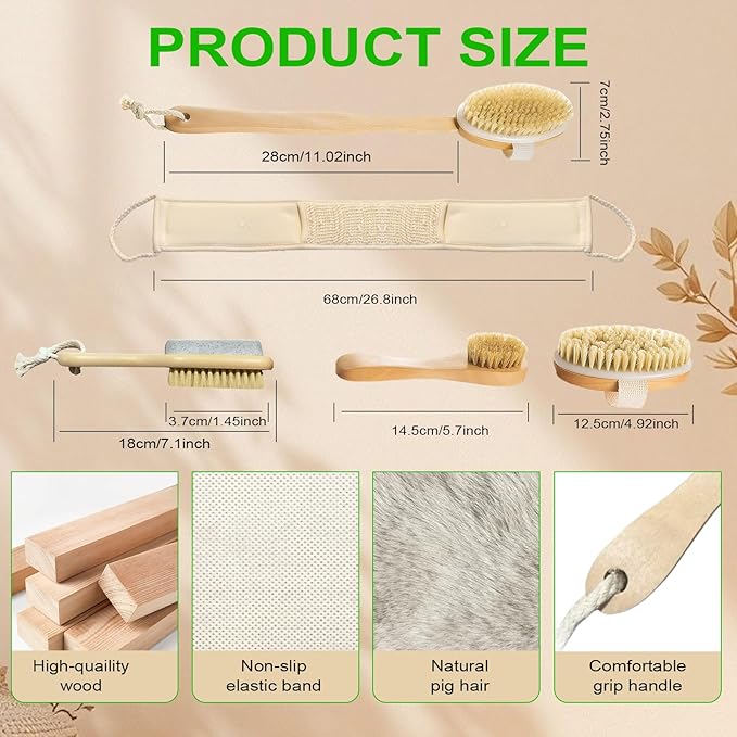 Premium Dry Brushing Body Brush Set, Natural Body Brush Wood Long Handle with Dual-Purpose Brush, Bullet Head Massager,Sisal Bath Bar,Stone Brush, Boar Bristle Face Cleansing Brush for A Glowing Skin