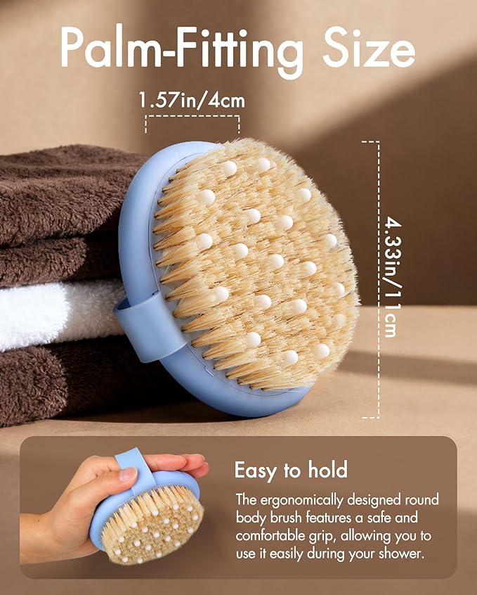 Dry Brushing Body Brush for Massage - Natural Boar Bristle Exfoliating Brush with Massage Nodes for Lymphatic Drainage, Cellulite, Blood Circulation Improving Skin Health for Women Men Elderly(Blue)