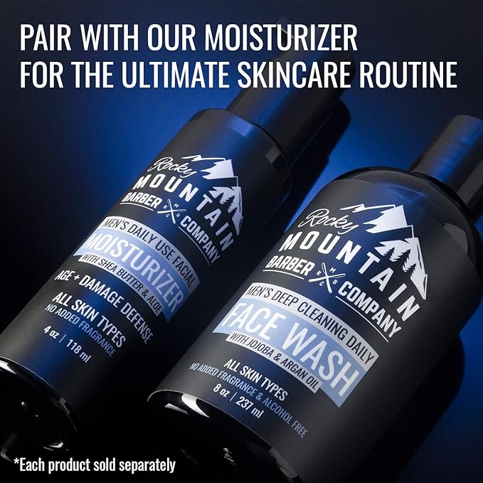 Rocky Mountain Barber Company Men's Daily Face Wash - With Jojoba Oil, Argan Oil, Chamomile Floral Water and Aloe Vera – Unscented - 8 oz