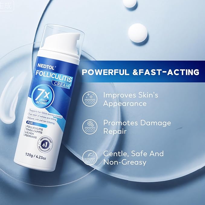 Folliculitis Treatment Cream, 7X Fast-Acting Antibacterial Ointment for Scalp, Face & Body, Relieves Itching, Redness & Bumps, Intensive Skin Therapy – 120g