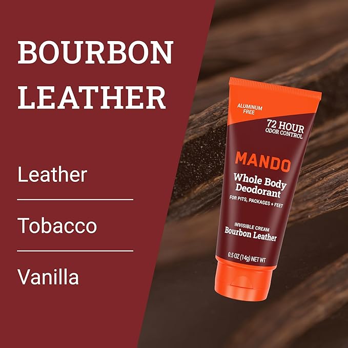 Mando Whole Body Deodorant For Men - XS Travel-Sized Invisible Cream Tube - 72-Hour Odor Control - Aluminum-Free, Baking Soda-Free - 0.5 ounce Tubes (Pack of 2) - Bourbon Leather and Pro Sport Scents