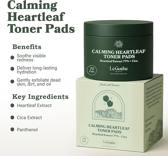 Le Gushe Heartleaf Face Toner Pads (70 Count) - Calming and Hydrating Toning Pads - CICA and Heartleaf Toner - for Troubled Skin and Breakouts (160 ml/ 5.41 fl oz)