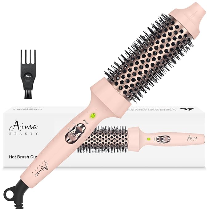 Aima Beauty Hair Curling Iron Brush, 1.5" 40mm Ceramic Hot Brush with Ion Technology for Root Volume and Quick Curls - Dual Voltage & 60Mins Auto-Off, Pink