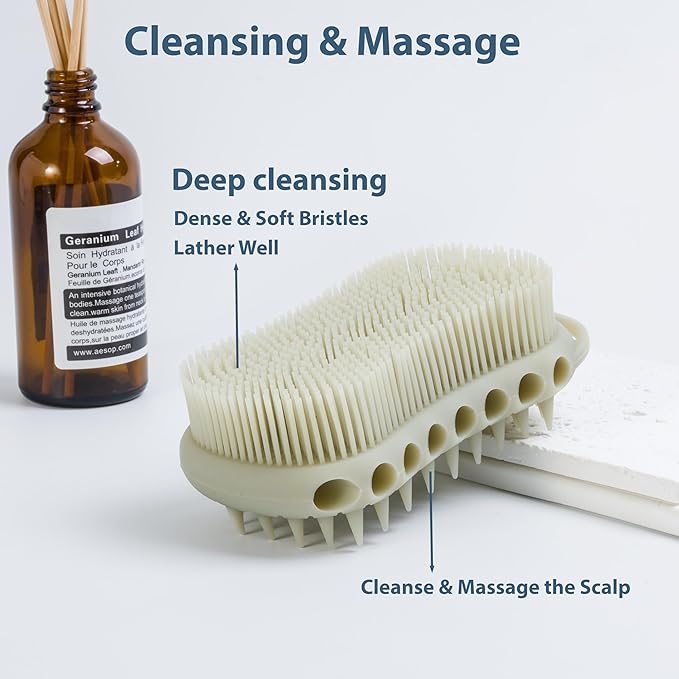 MtBoi Double-Sided Exfoliating Silicone Body Scrubber, 2-in-1 Bath Scrubber, Shampoo Brush, Silicone Loofah for All Skin Types, Shower Body Scrubber, Easy to Clean, Lather Well (Gray)