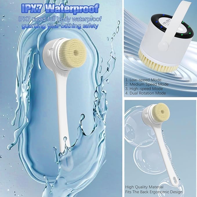 Electric Body Brush Back Scrubber - Waterproof Long Handle 5-in-1 Rechargeable Bath Brush with 3 Speed Modes, Exfoliating & Massaging Shower Brush for Body (White)