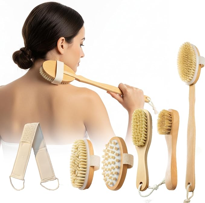 Premium Dry Brushing Body Brush Set, Natural Body Brush Wood Long Handle with Dual-Purpose Brush, Bullet Head Massager,Sisal Bath Bar,Stone Brush, Boar Bristle Face Cleansing Brush for A Glowing Skin