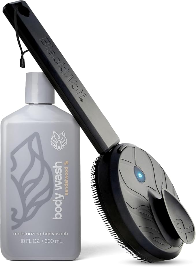 Black Wolf Sonic Scrubber Pro & Moisturizing Body Wash Set - Men's Shower & Bathroom Essentials Gift Set for Dry, Dehydrated, & Sensitive Skin - Hydrating Bodywash & Vibrating Face & Body Scrubber