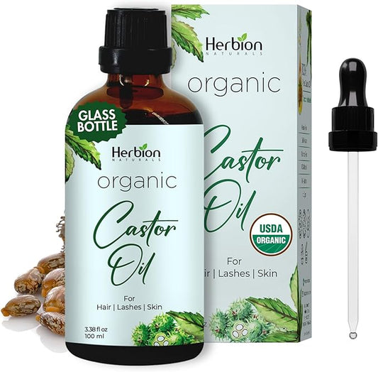 HERBION Naturals Organic Castor Oil USDA Certified, 100% Pure, Cold Pressed, Hexane-Free. Moisturizer & Hair Treatment. Glass Bottle w/Dropper, 3.38 Fl Oz