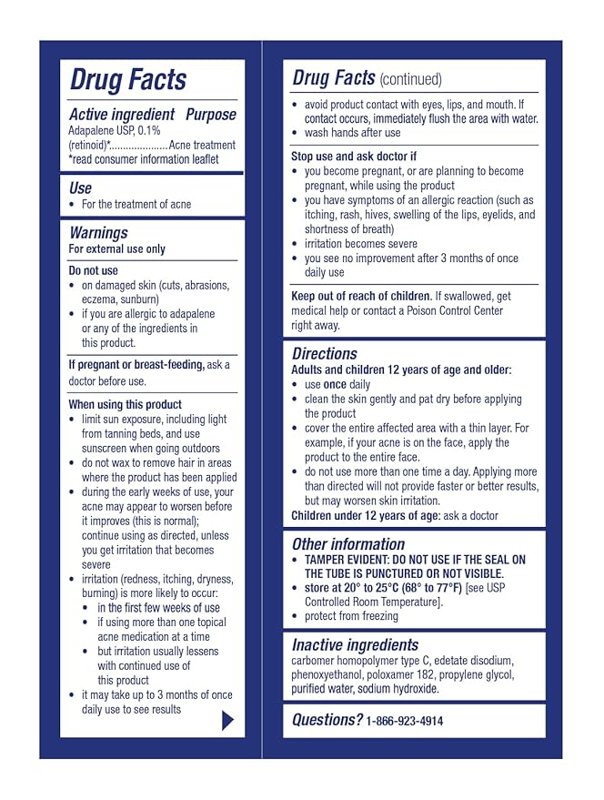 TARO Adapalene 0.1% USP Gel, Paraben Free, Retinoid Acne-Prone Facial Treatment for Sensitive Skin, Prescription Strenght (0.5)