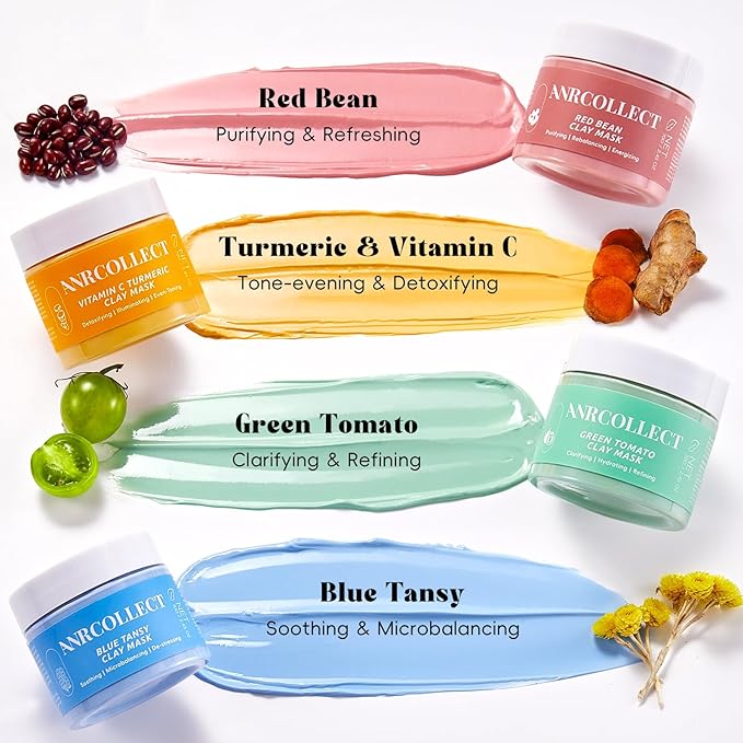 4Pcs Clay Mask Set, Kaolin Facial Spa Kit for Pore Cleansing & Glowing, Hydrating Mud Cream Wash-Off Mask for All Skin Types, Women and Men (70g*4+Brush)