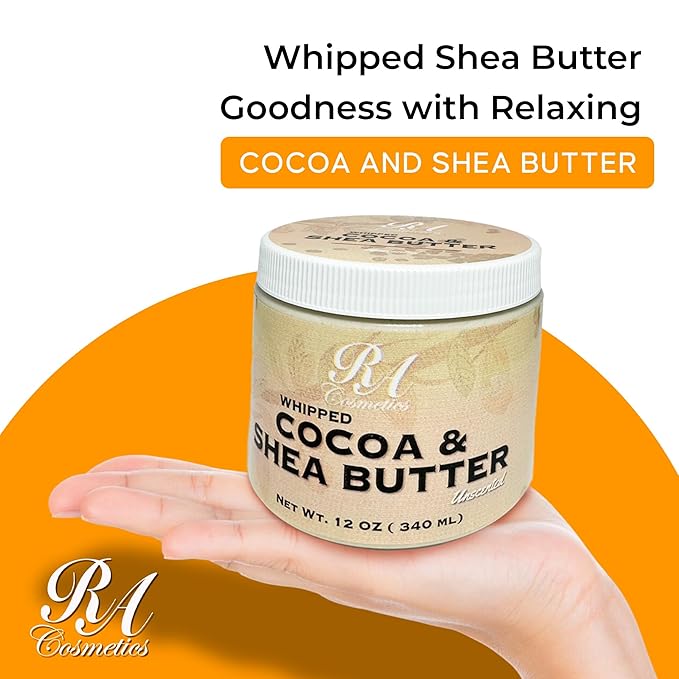 RA COSMETICS Whipped Cocoa & Shea Butter, Unscented - 12oz | 100% Pure & Natural Skin Moisturizer with Coconut Oil | Vitamin-Rich Body Butter for Soft, Supple, and Radiant Skin & Healthy Hairs