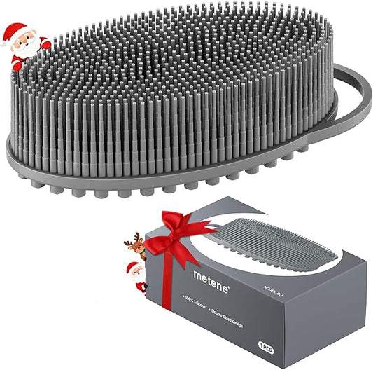 Metene Silicone Exfoliating Body Scrubber with Loop, Body Scrubber for Men and Women, Silicone Loofah for Shower, Soft Silicone for Shower and Bath Skincare Routine (Gray)