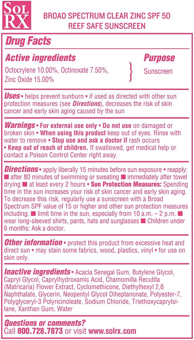 SolRX MINERAL+ SPF 50 Mineral Sunscreen with Zinc Oxide – Reef Safe, Broad Spectrum UVA/UVB Protection, Water Resistant Sunblock for Face & Body