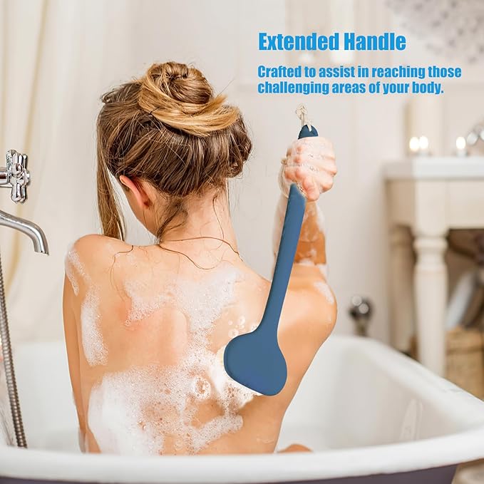 VANZAVANZU Back Scrubber for Shower, Bath Brush with 17-Inch Long Anti-Slip Handle, Wet and Dry Brushing Body Brush for Body Cleansing, Back Brush for Men and Women (Blue)