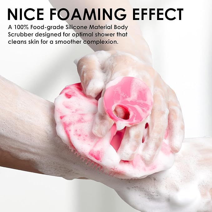 INNERNEED Food-Grade Soft Silicone Body Scrubber Shower Brush Handheld Cleansing Skin Brush, with Exfoliating Net Sponge Case (Pink Brush)