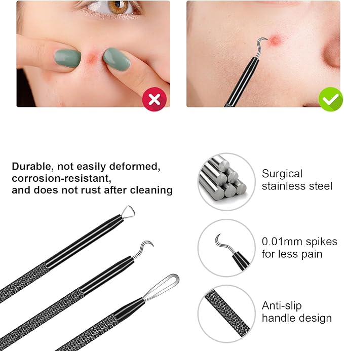7PCS Blackhead Remover Comedone Extrator Kit, Pimple Extractor Acne Removal Tool Kit, Curved Blackhead Tweezers Kit, Comes with Alcohol Tablets and Magnifying Glasses for Blemish Removal (Iron Box)