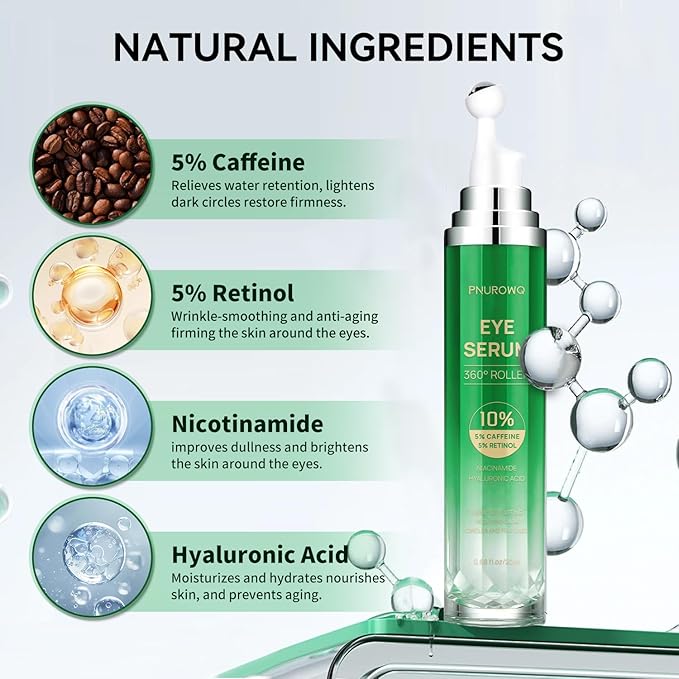 Eye Serum with 5% Caffeine & 5% Retinol for Dark Circles, Puffiness Puffy Bags & Wrinkles Fine Lines - Under Eye Roller Cream Anti Aging Treatment with 360° Massage Ball for Men and Women