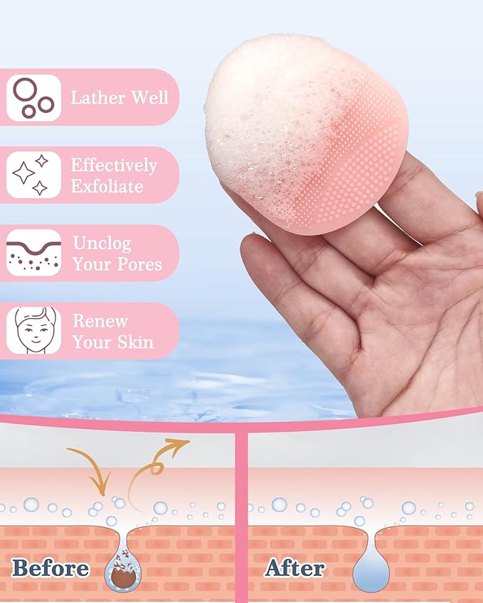 Manmihealth Silicone Back Scrubber (Thick Bristles) & Bath Glove & Face Brush Set(3PCS), Super-Exfoliating & Lathering Body Scrubber, Shower Brush, Face Scrubber Combination, with a Free Hook.(Pink)