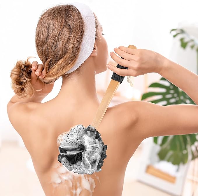 Black Loofah on a Stick PE Soft Mesh Luffa with Non-Slip Wooden Handle Made of Soft and Sturdy Rubber Material Back Scrubber for Shower for Women and Men with String for Easy Hanging