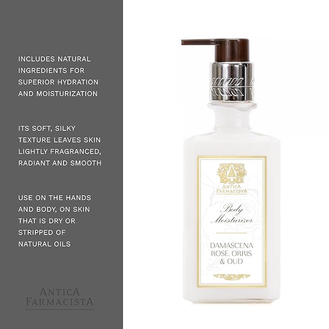 Antica Farmacista Body Moisturizer - Scented Moisturizing Lotion with Aloe Vera, Green Tea & Sweet Almond Oil - Luxury Gift for Any Occasion - Damascena Rose, Orris & Oud, 10 fl oz