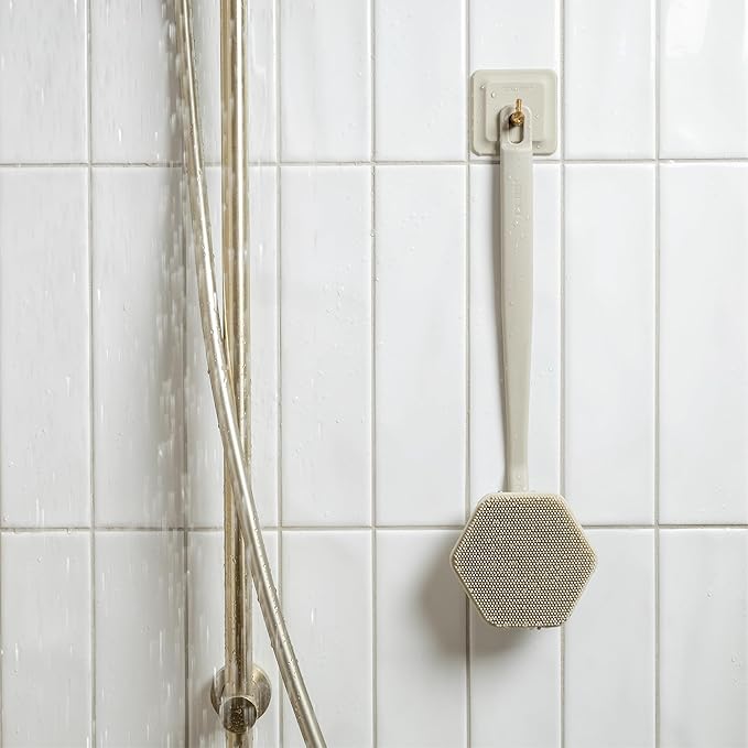 TOOLETRIES Silicone Back Scrubber with Hook - Exfoliating Shower Brush, Back Washer for Men, Durable Back Brush with Long Handle - Long Lasting Bath & Shower Accessories - Sand