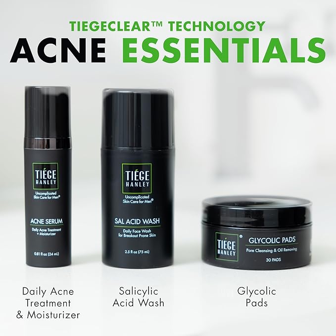 Tiege Hanley Acne Treatment Skin Care Set for Men, System Level 1, Tiegeclear Advanced Routine With Salicylic Acid Wash, Glycolic Acid Pads, and Serum, All Skin Types, Men’s Skin Care, 3 Piece Kit