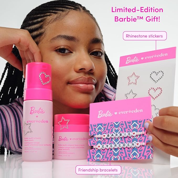 Evereden Barbie Limited Edition Kids Happy Face Duo + Exclusive Accessories | Multi-Vitamin Face Wash & Cream Set with Stickers + Bracelets | Clean Skin Care for 3+ | Barbie Gift Box for Kids